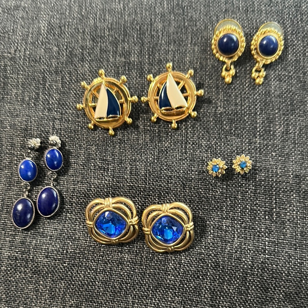Nautical and Floral Earring Set in Gold and Blue